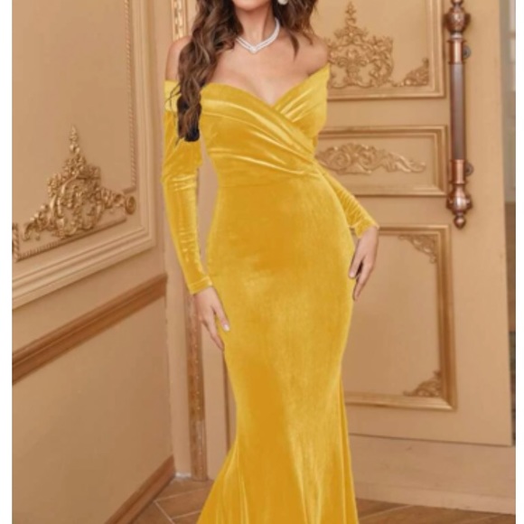 Luxe yellow off shoulder party bridesmaids wedding velvet maxi dress - Picture 14 of 16